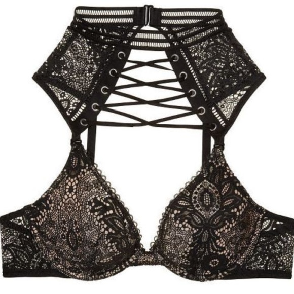 WICKED CROCHET LACE LACE-UP UNLINED PLUNGE BRA 34D - Picture 3 of 4